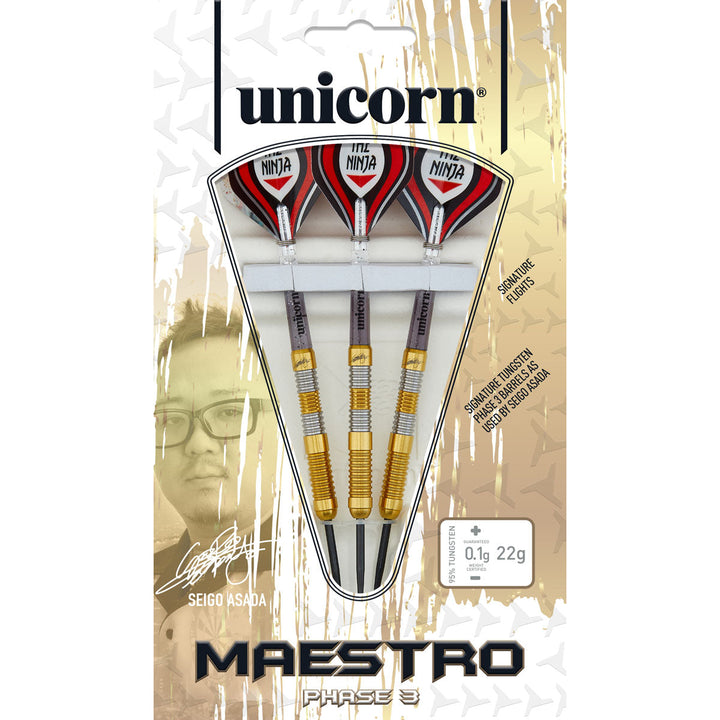 Seigo Asada Phase 3 Maestro Gold 95% Tungsten Steel Tip Darts by Unicorn