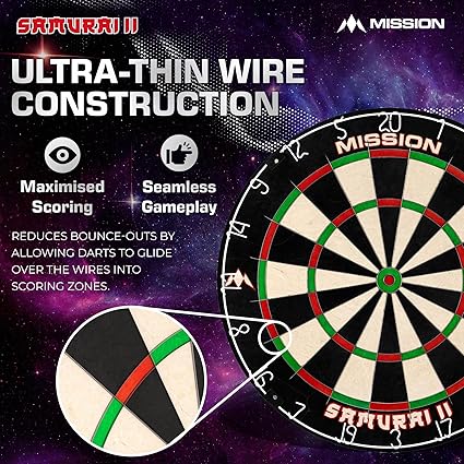 Mission Darts M000740 Samurai II | Professional Competition Standard Dartboard with Ultra Thin Wire Construction and Non Fade Colours