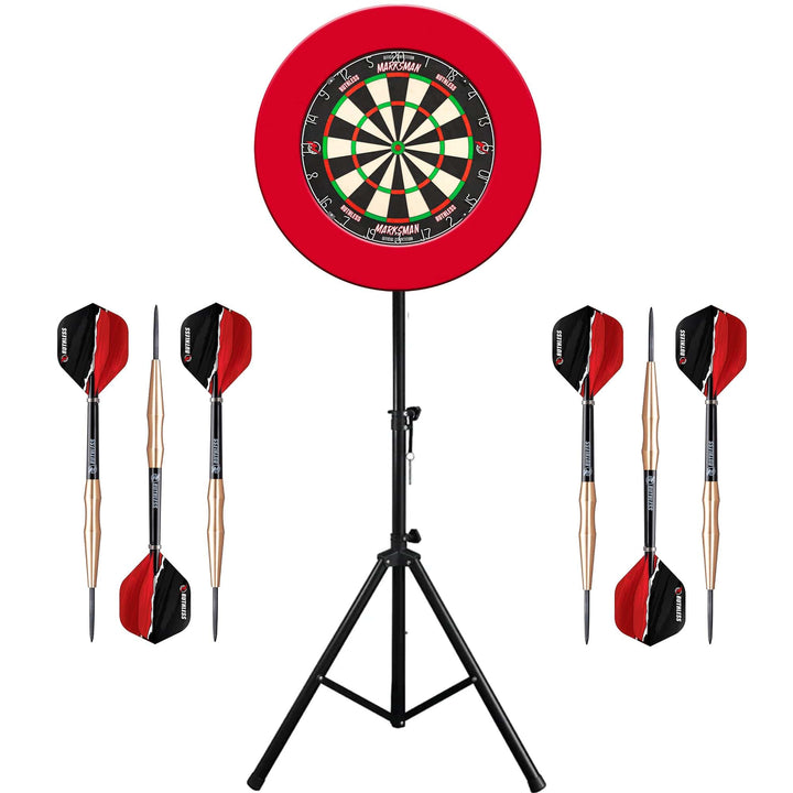 Ruthless Marksman Dartboard & Stand Set - Dart Board, Surround, Stand & Darts - Red