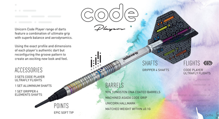 Seigo Asada Code 90% Tungsten Soft Tip Darts by Unicorn