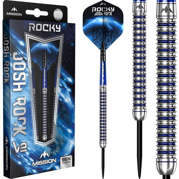 *Mission Josh Rock Darts v2 - Steel Tip - 95% - Rocky - Silver & Blue PVD